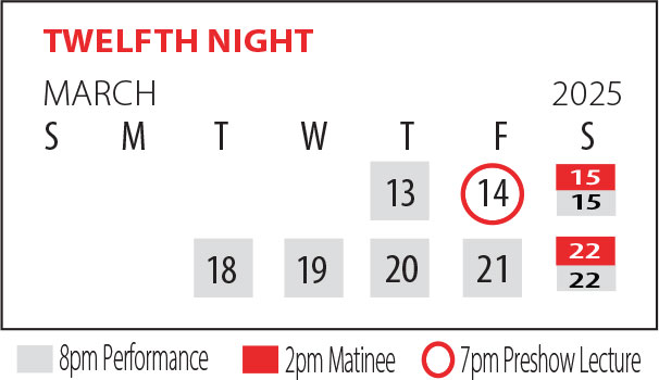 Calendar of performance dates for Twelfth Night