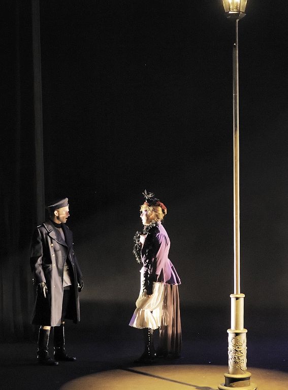 A prostitute (Natasha Salway) propositions a passing soldier (Jeff Leard). Photo: David Lowes.