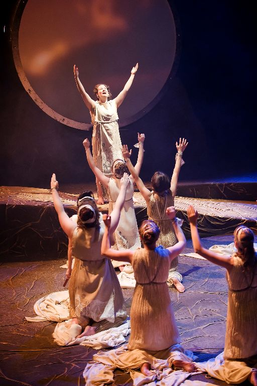 The Greek chorus women (lead by Marina Lagace) pray to the gods for guidance. Photo: David Lowes.