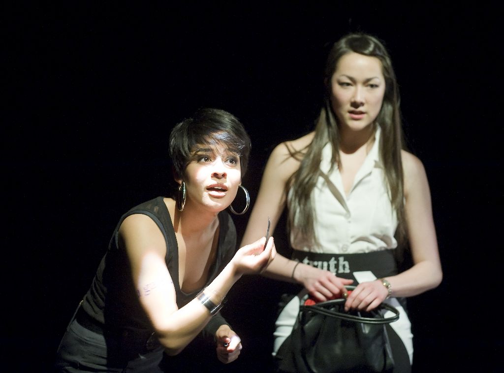 Tia (left, Angie Lopez) tries to reassure Kara (Emily Piggford) that it will it was "just a little bit of fun" in the ladies washroom at the club.  Photo: David Lowes. 