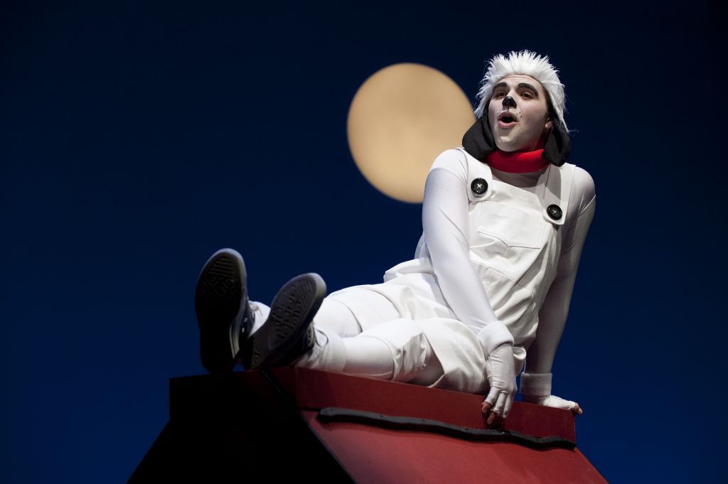 Life’s not bad at all, sings Snoopy (Kevin Eade) to the moon about having a cozy home, board and bed. Photo by David Lowes.